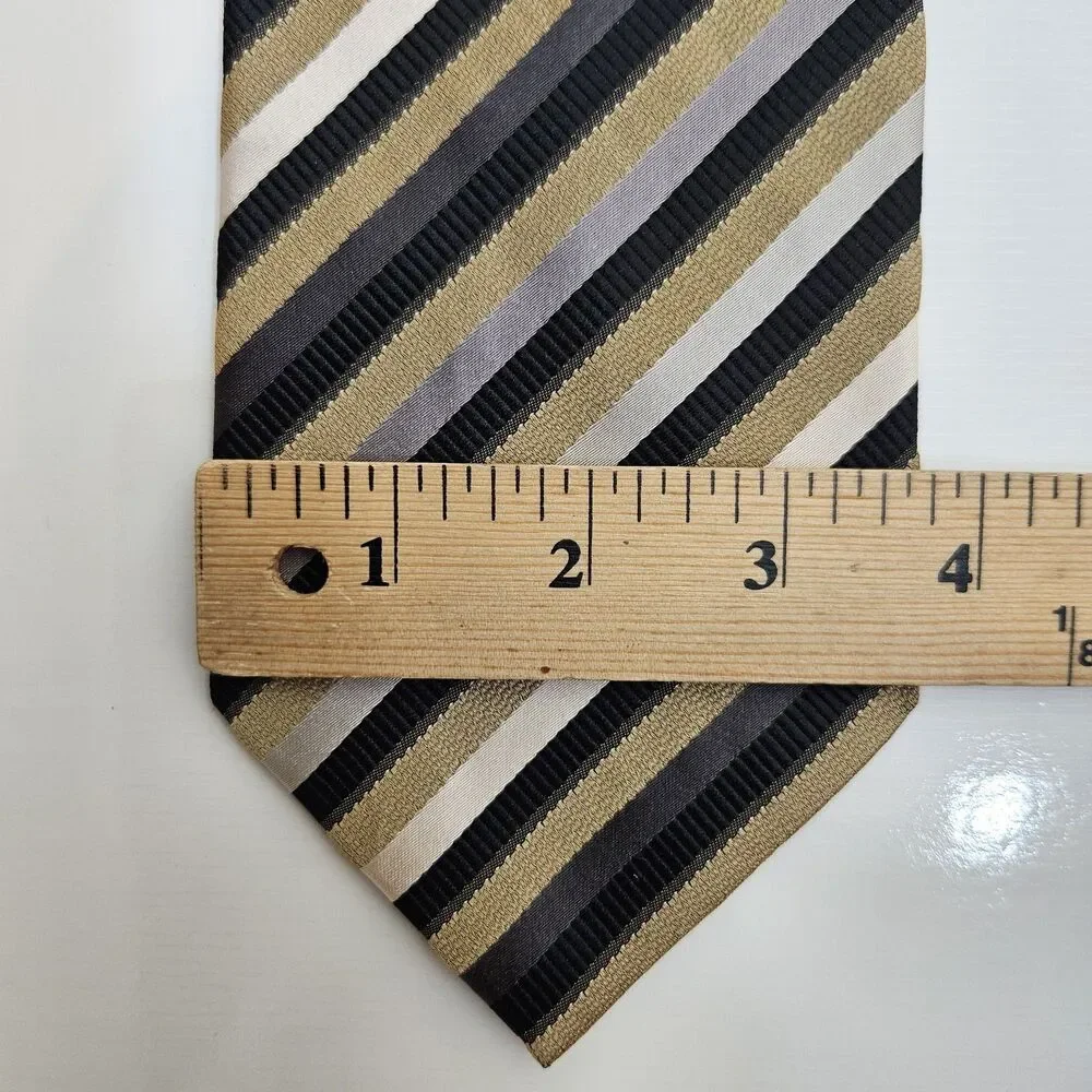 VTG 90s ALEXANDER JULIAN COLOURS Neck Tie Mens 100% Silk Gold Black Striped 3.8